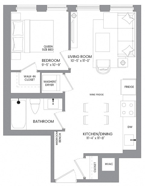 Floor plan for 1 bed, 1 bath, 515 sqft